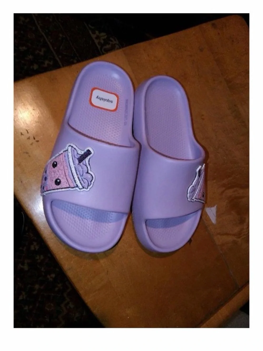 Kids Lavender Slide Sandals with Fun Boba Drink Patch
